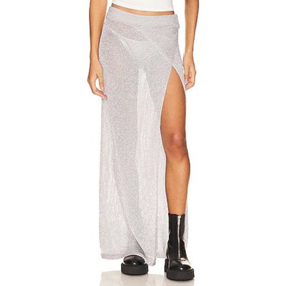 Superdown Revolve Silver Metallic Knit Maxi Skirt Side Slit NWT Size Medium